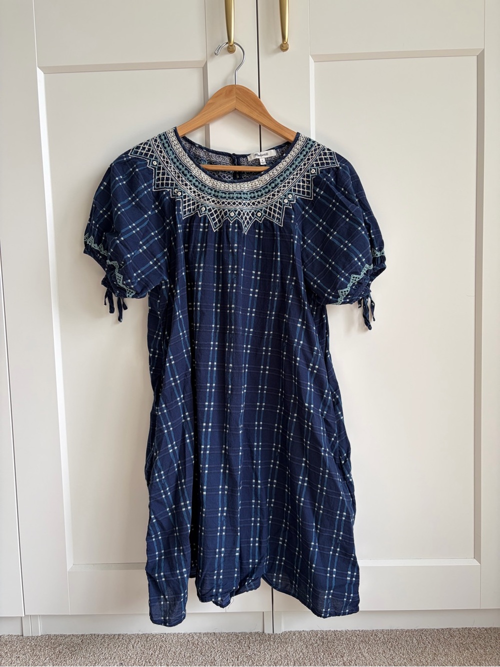 Madewell Navy Plaid Embroidered Yoke Mini Dress